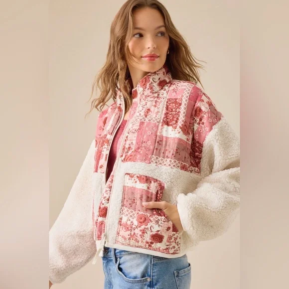 Altar'd State Pink Patchwork Sherpa Jacket with Cream Panels - Picture 1 of 6